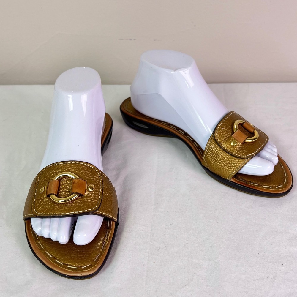 Cole Haan Luxe Comfort Slide Sandals 8.5 AA Gold Metallic Pebbled Leather Casual